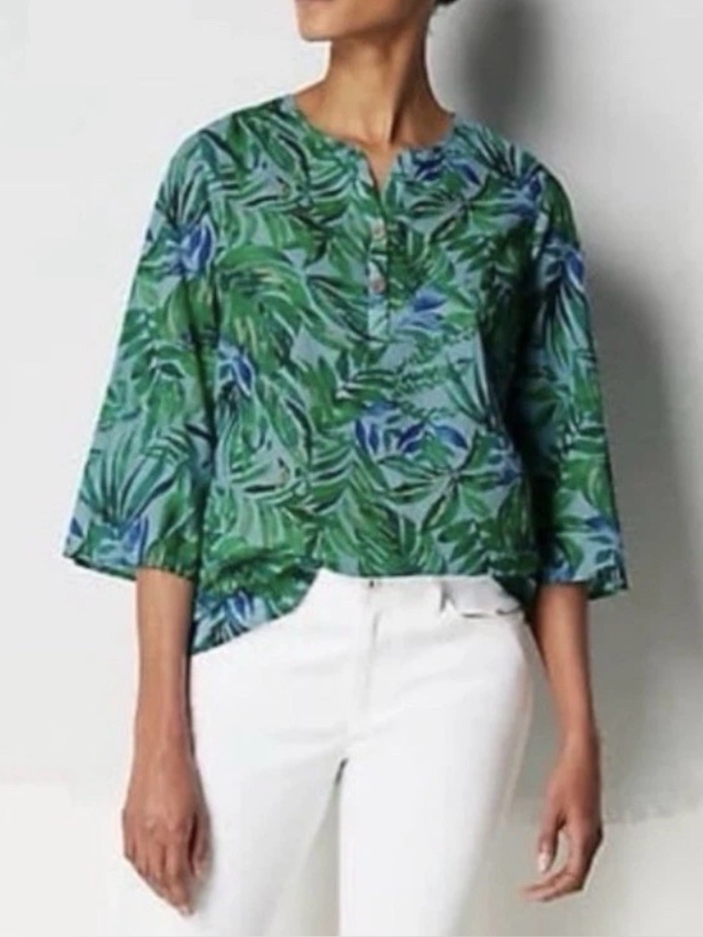 J Jill Boho Cotton Shirred Voile Blouse Emerald Lagoon Painted Fronds Size Large